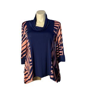 NEW Curvesque USA Top Plus 1XL Blouse Navy Blue Peach Jersey Knit Cowl Lagenlook